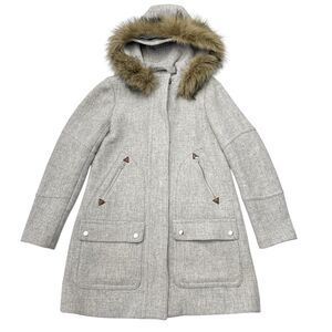 J. Crew Chateau Parka‎ Italian Wool Stadium Cloth Coat Size 0 Gray Fur Hooded